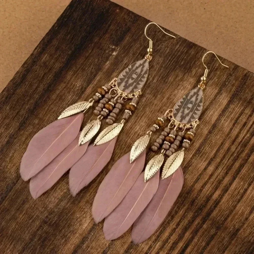 Beautiful boho tassel drop feather maroon gold plated dangle earrings jewelry wo